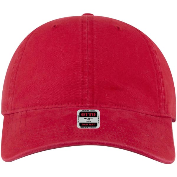 A red 6 panel low profile style dad cap with a branded patch on the front.