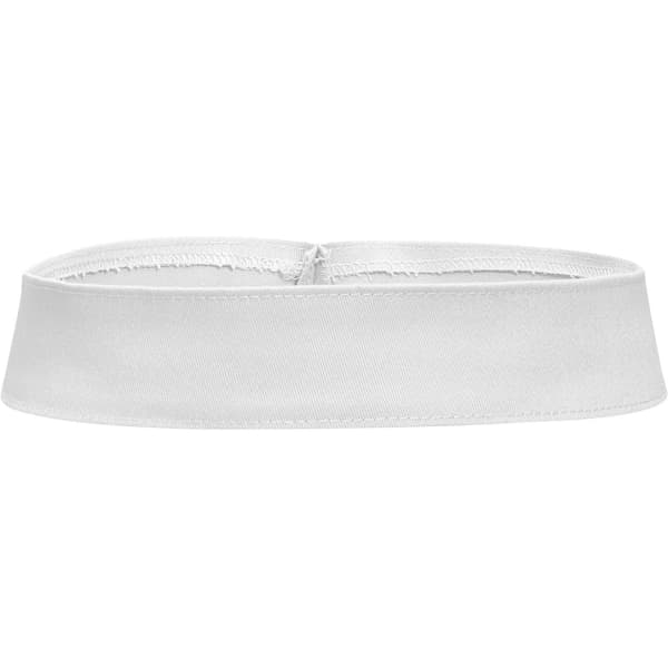 A white hat band with a smooth texture and an open-ended design. It features a logo or branding.