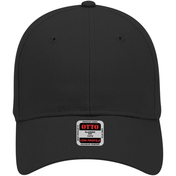 A black low profile baseball cap featuring six panels and a logo on the front.