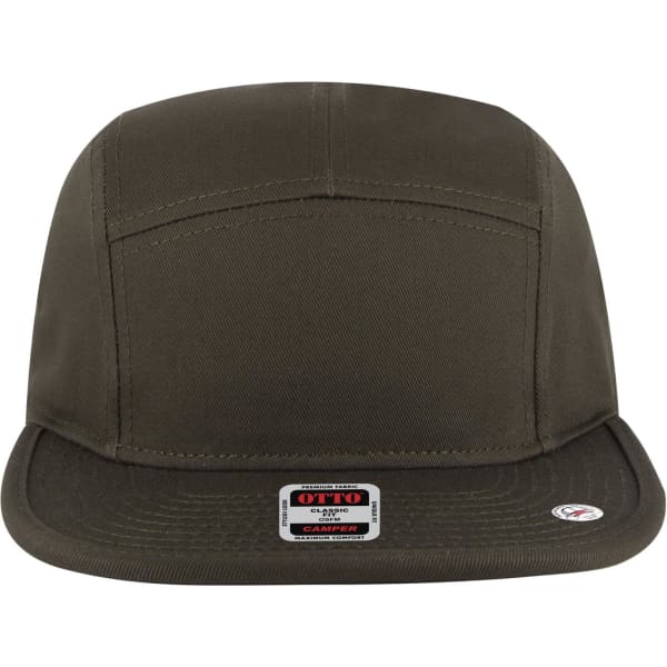 A 5 panel camper hat in olive green, featuring a flat brim and a logo on the front.