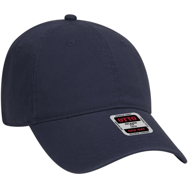 A navy blue 6 panel low profile dad cap with a curved brim and a logo on the side.