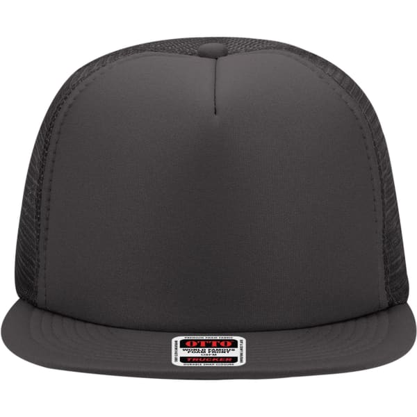 A black 5-panel high crown trucker cap with mesh sides and a logo on the front.