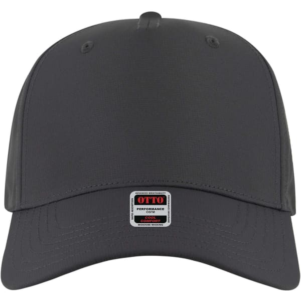 A 5 panel mid profile baseball cap in dark grey with a logo on the front.