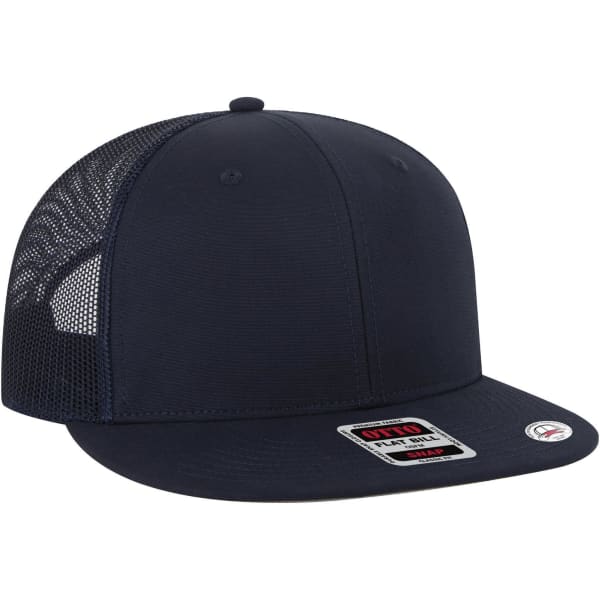 A navy blue 6-panel mid-profile trucker cap featuring a mesh back and a logo on the front.