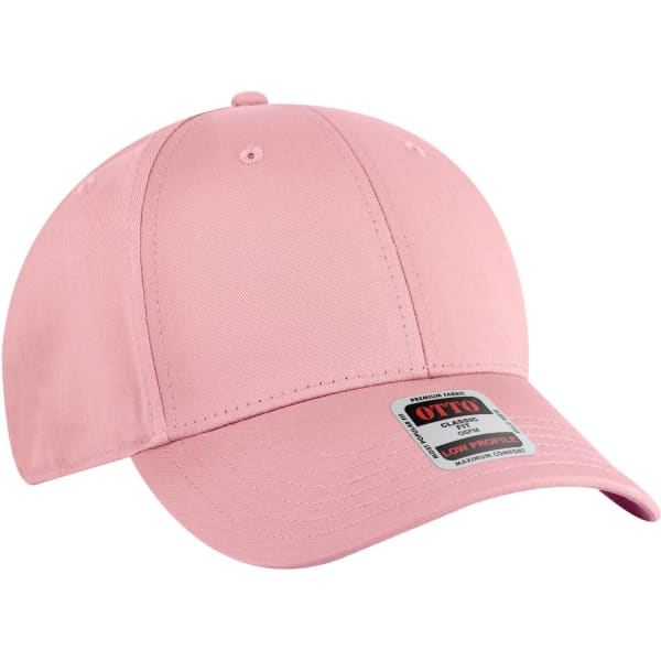 A pink 6 panel low profile baseball cap with a branding label on the front.