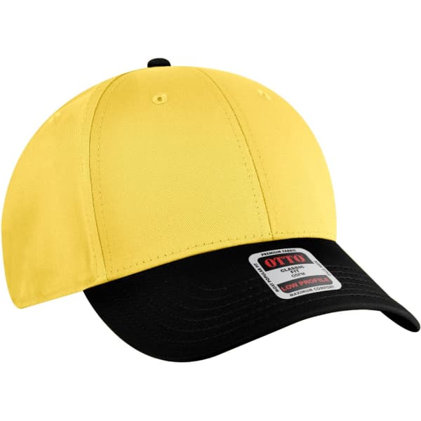 A yellow and black 6-panel low profile baseball cap featuring a logo on the front.