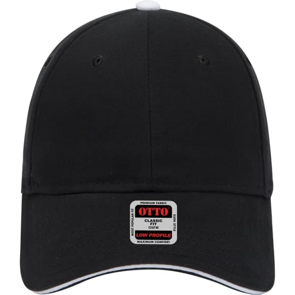 A black low profile baseball cap with a front logo and contrast stitching.