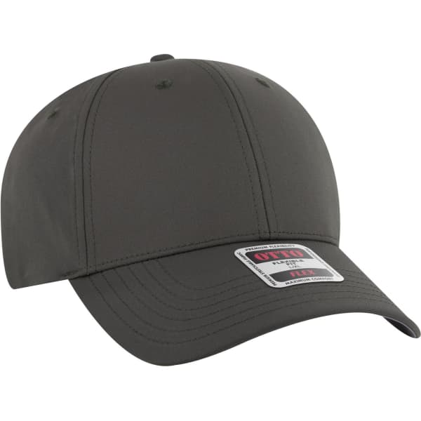 A dark grey six-panel low profile baseball cap with a curved brim and a logo on the front.