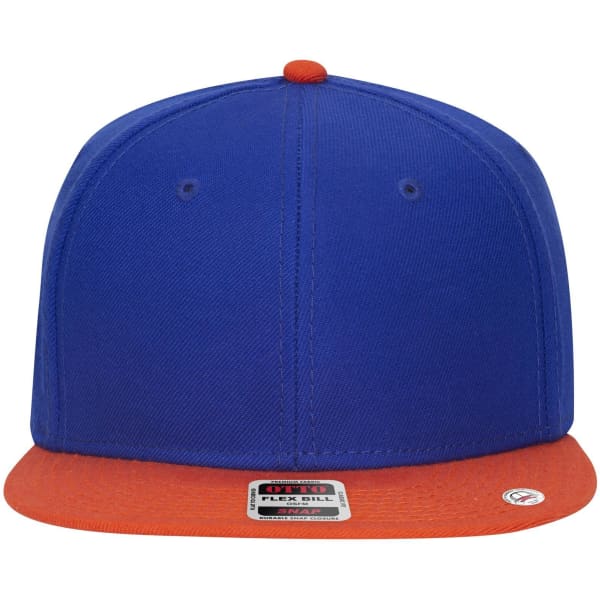 A snapback cap featuring a blue crown and an orange brim, with a logo on the side.