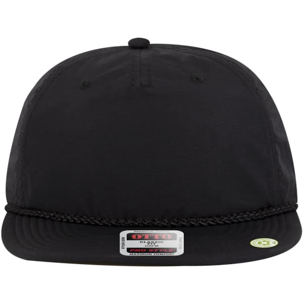 A black 5 panel pro style baseball cap featuring a braided band and a logo on the front.
