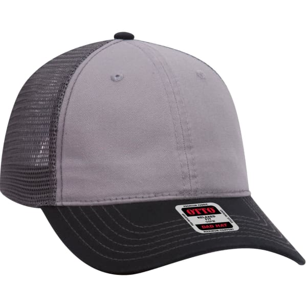 A grey and black 6 panel low profile trucker dad cap with a mesh back and a logo tag on the front.