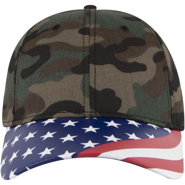 A camouflage baseball cap with a curved peak featuring a design of stars and stripes. It has a logo on the front.