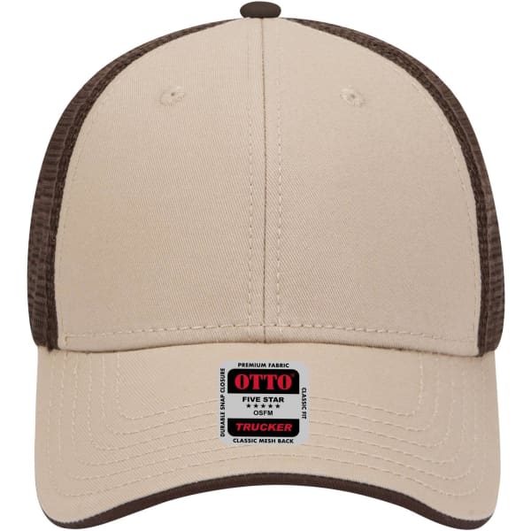 A beige 6 panel low profile trucker cap with a brown mesh back and a logo on the front.