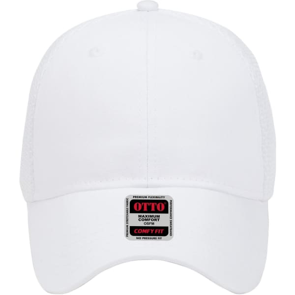 A white six-panel low profile baseball cap with a branded tag on the front.