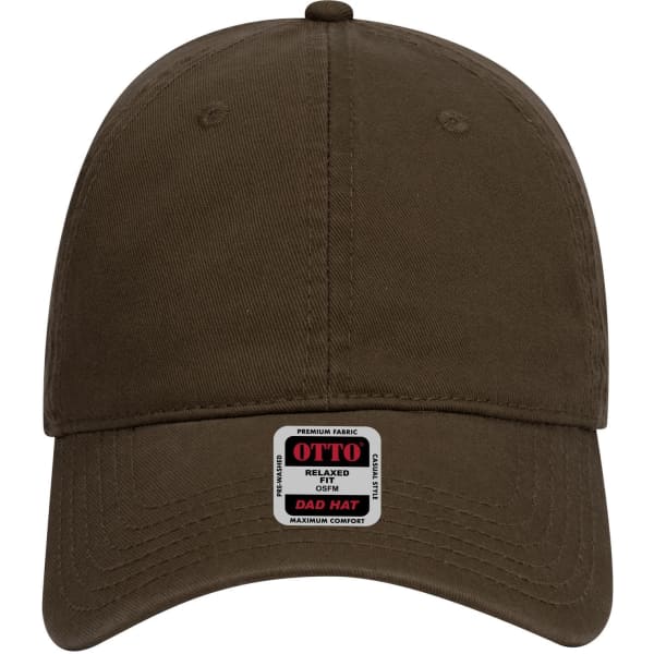 A brown 6-panel low profile dad cap with a logo on the front and ventilation eyelets.