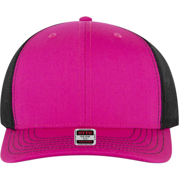 A pink and black mid-profile trucker cap with a solid front and mesh backing, featuring a branded label.