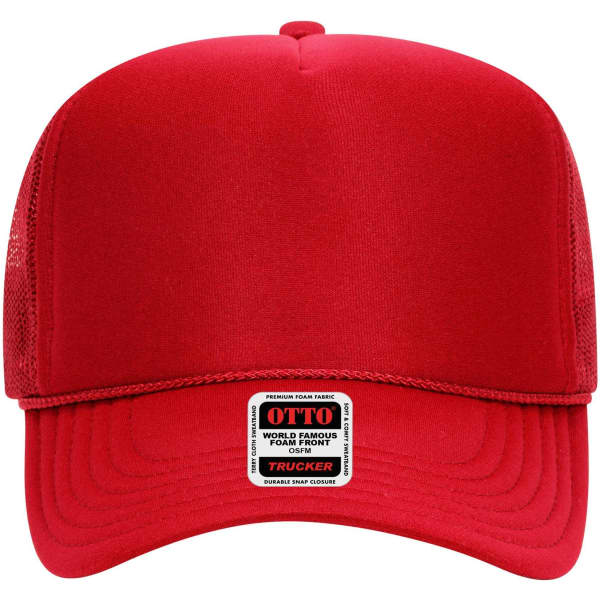 A red 5 Panel High Crown Trucker Cap featuring a mesh back and a label at the front.