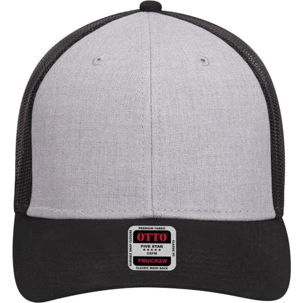 A grey and black 6 panel low profile trucker cap with a mesh back and a logo at the front.