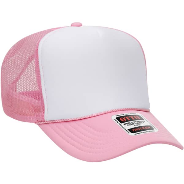 A pink and white 5 panel high crown trucker cap with a mesh back and a logo on the front.