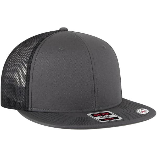 A grey mid profile trucker cap with a solid front and black mesh back. It features a logo on the side.