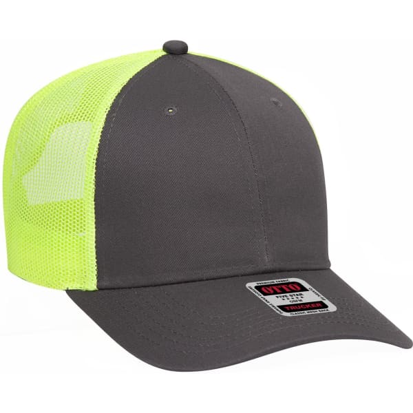 A grey and neon yellow 6 panel low profile trucker cap with a mesh back and a logo label on the front.