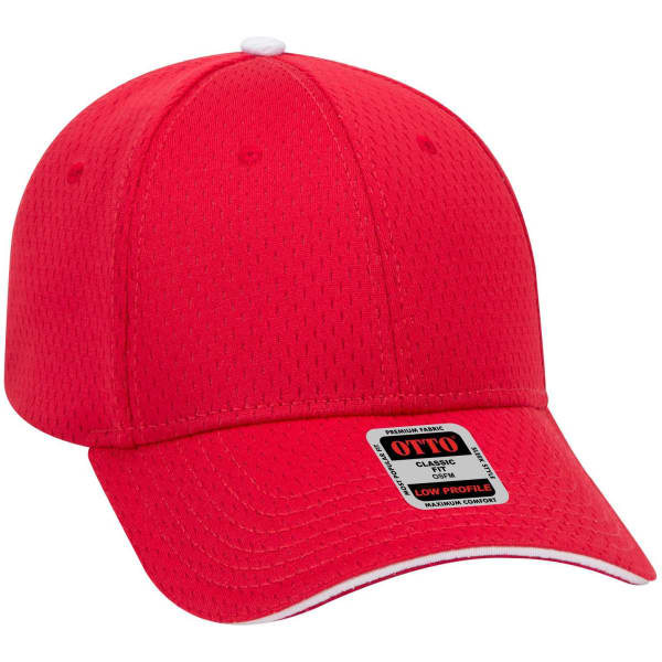A red 6 panel low profile baseball cap with a logo, featuring a textured design and a contrasting brim.