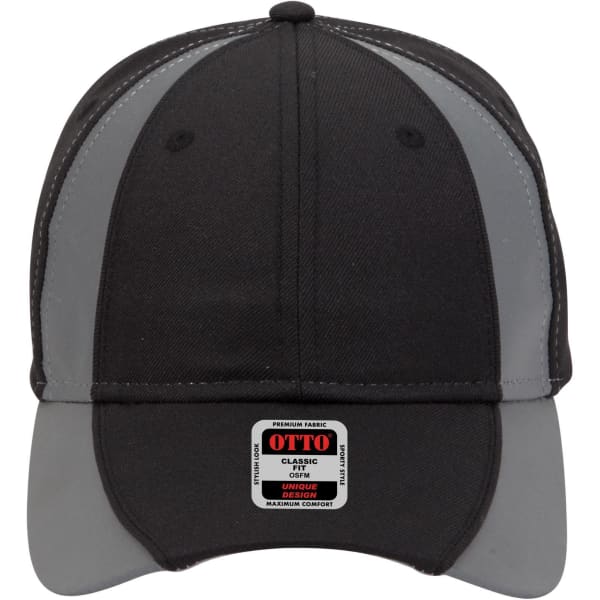 A black and grey 6 Panel Low Profile Baseball Cap featuring a branded tag on the front.