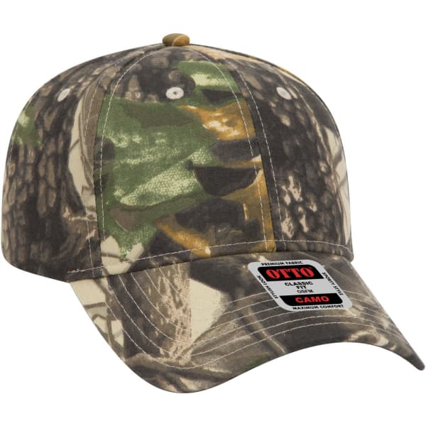 A camo-patterned 6 panel low profile baseball cap with a logo on the front.