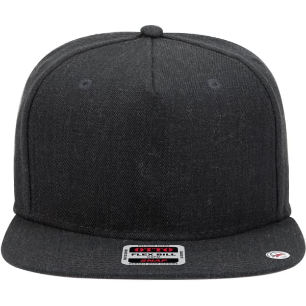 A grey five-panel snapback cap with a flat visor and a logo on the front.