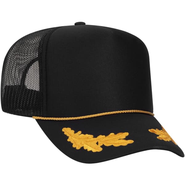 A black 5 Panel High Crown Trucker Cap with yellow leaf embroidery and a mesh back.
