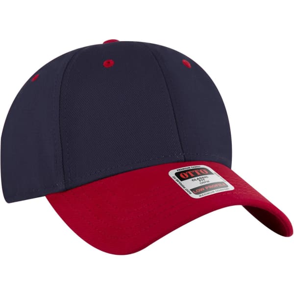 A navy and red 6-panel low profile baseball cap featuring a logo on the front.