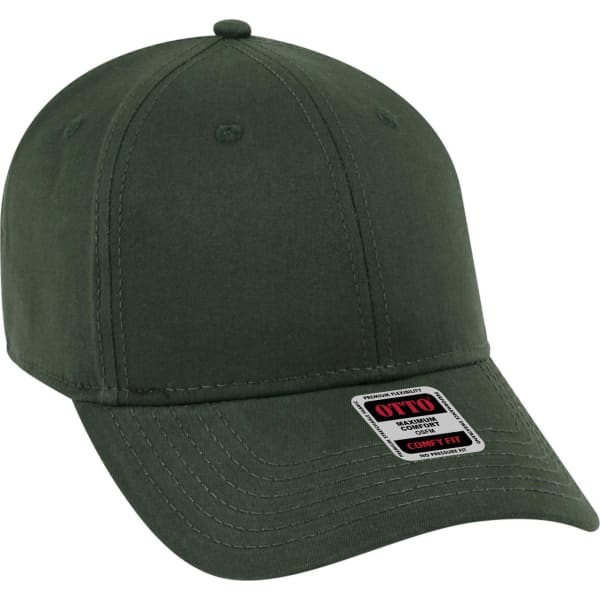 A green six-panel low profile baseball cap with a logo on the front.