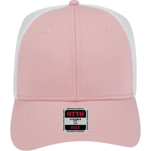 A pink and white 6 panel low profile trucker cap featuring a logo on the front.