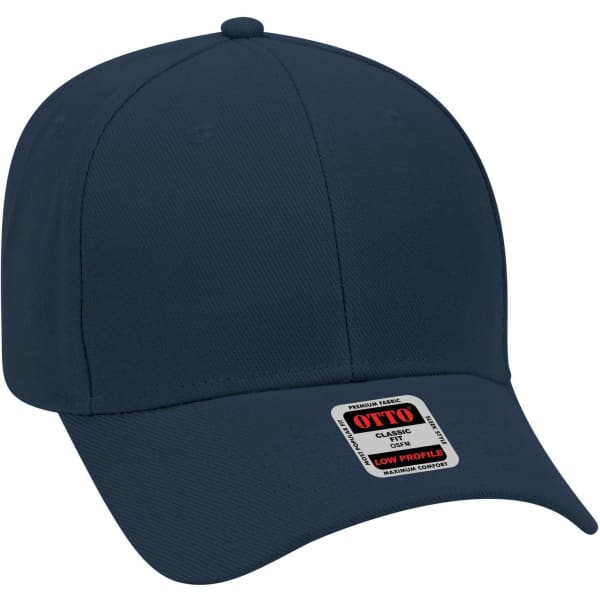 A navy blue 6 panel low profile baseball cap featuring a logo patch on the front.