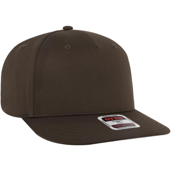 A brown 5 Panel Pro Style Snapback Hat with a flat brim and a logo on the front.