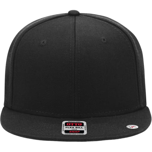 A black 6 panel mid-profile snapback cap with a branded tag on the front.