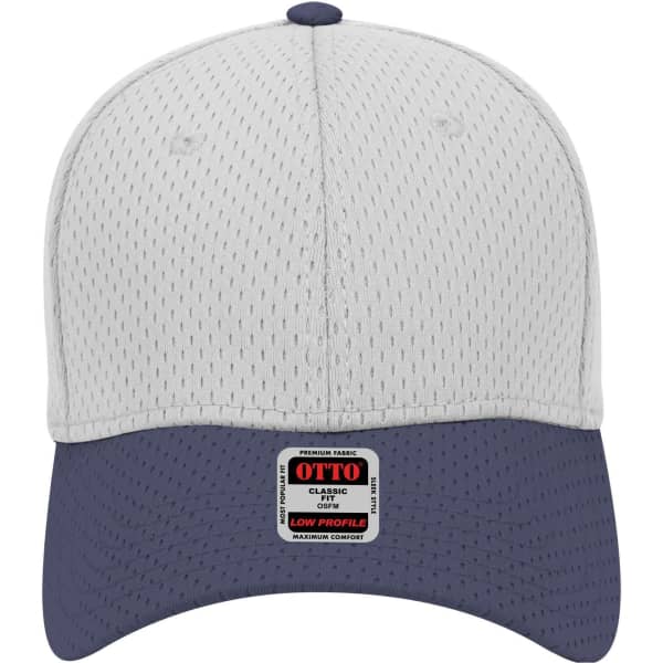 A low profile baseball cap in grey with a navy peak, featuring a logo on the front.