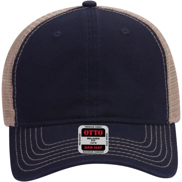 A navy blue and beige 6-panel low profile trucker dad cap with a logo on the front.