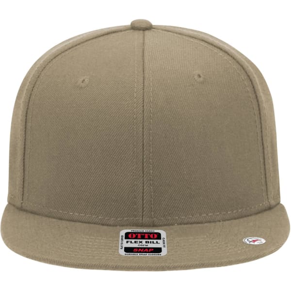 A mid-profile snapback cap in a neutral khaki colour, featuring a logo on the front.