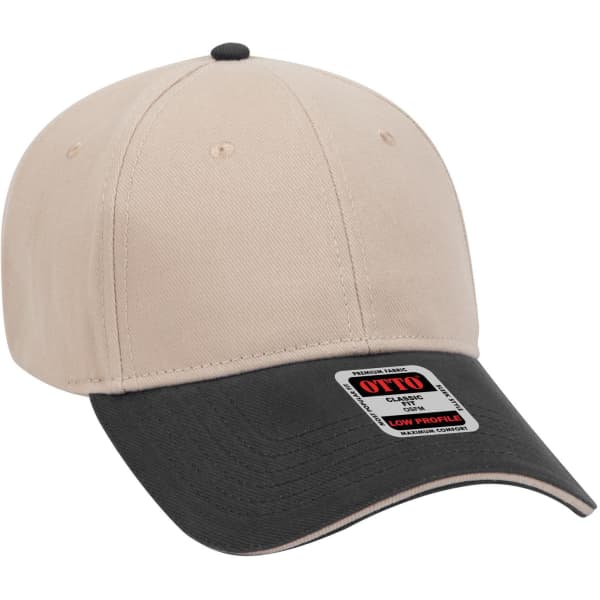 A beige and dark grey 6-panel low profile baseball cap with a logo on the front.