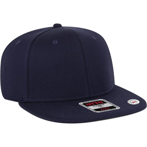 A navy blue 6 panel mid-profile baseball cap with a logo on the front and a flat brim.