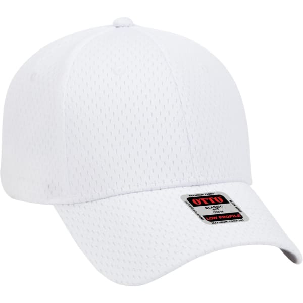 A white 6-panel low profile baseball cap with a textured design and a logo on the front.