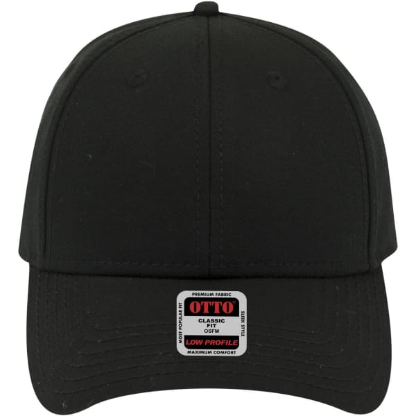 A black 6 panel low profile baseball cap featuring a logo on the front and stitching details.