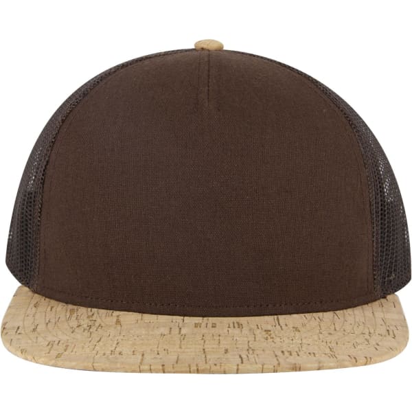 A brown trucker cap with a cork front brim and mesh sides, featuring a logo on the front.