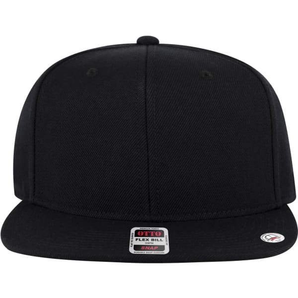A black 6 panel mid profile snapback cap featuring a flat brim and a logo.