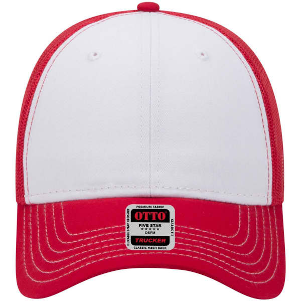 A red and white 6-panel low profile trucker cap with a mesh back and a branding logo on the front.