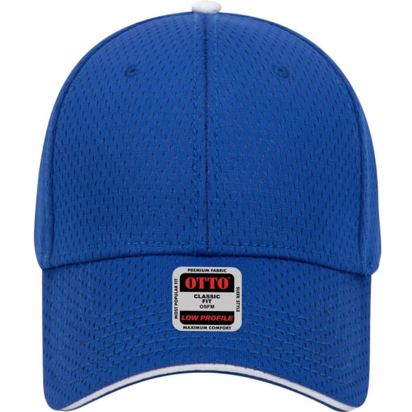 A blue 6 panel low profile baseball cap with a logo at the front, featuring breathable fabric for comfort.