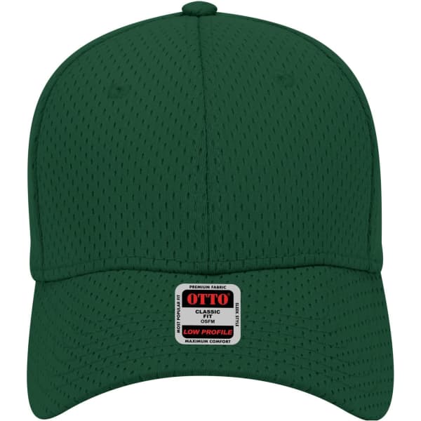 A low-profile baseball cap in dark green with a logo. The design features a textured, breathable fabric.