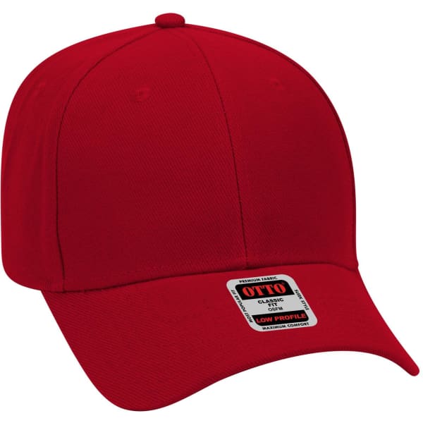 A red six-panel low profile baseball cap with a logo on the front.