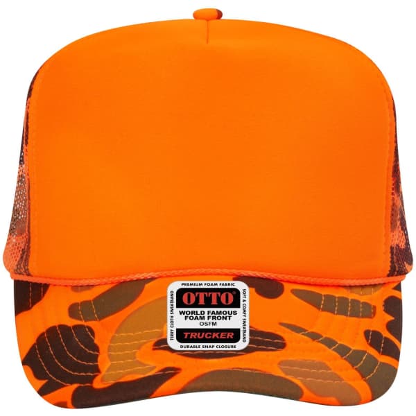 An orange 5 Panel High Crown Trucker Cap with a camo-patterned brim and a logo label on the front.